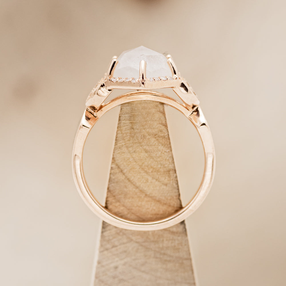 "LUCY IN THE SKY" - FACETED HEXAGON MOONSTONE ENGAGEMENT RING WITH DIAMOND HALO & TURQUOISE INLAYS-5