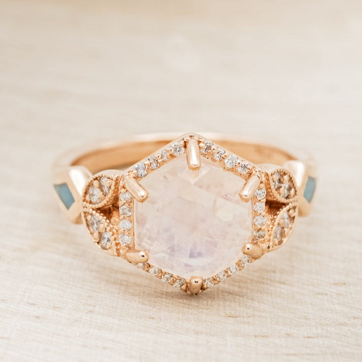"LUCY IN THE SKY" - FACETED HEXAGON MOONSTONE ENGAGEMENT RING WITH DIAMOND HALO & TURQUOISE INLAYS-4