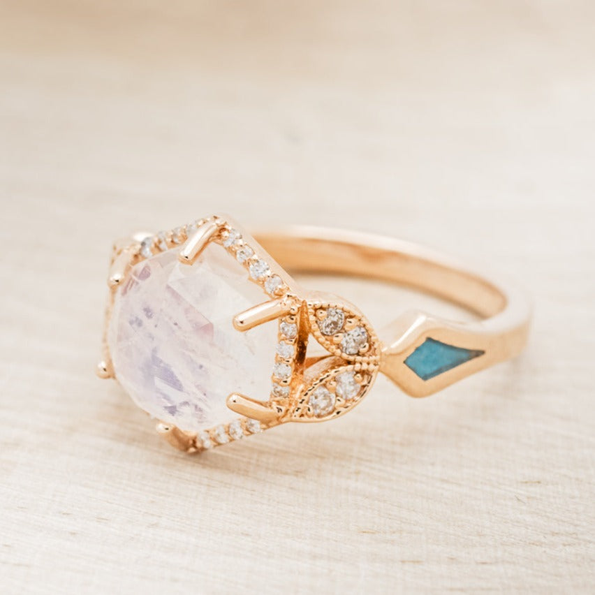 "LUCY IN THE SKY" - FACETED HEXAGON MOONSTONE ENGAGEMENT RING WITH DIAMOND HALO & TURQUOISE INLAYS-3