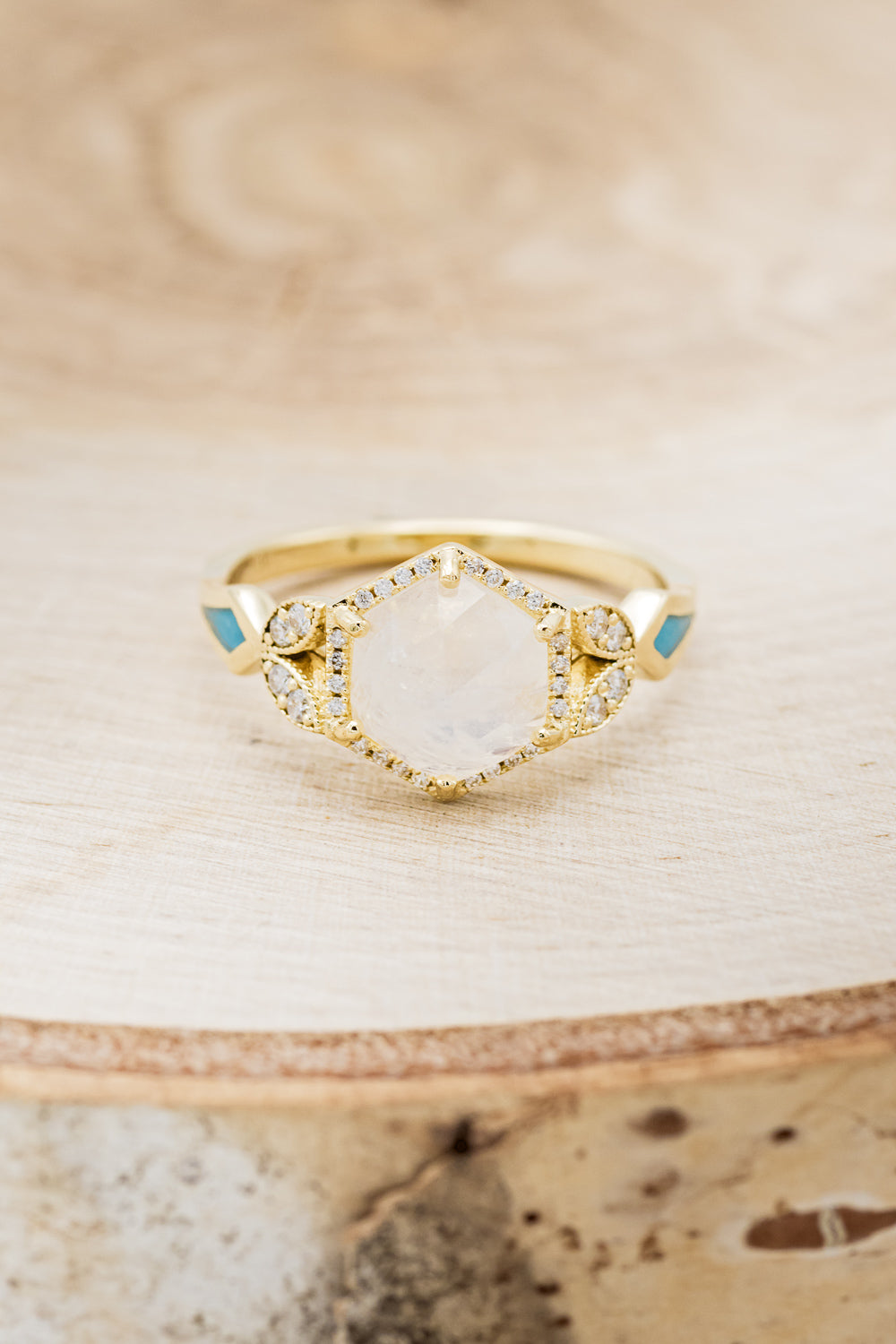 "LUCY IN THE SKY" - FACETED HEXAGON MOONSTONE ENGAGEMENT RING WITH DIAMOND HALO & TURQUOISE INLAYS-10