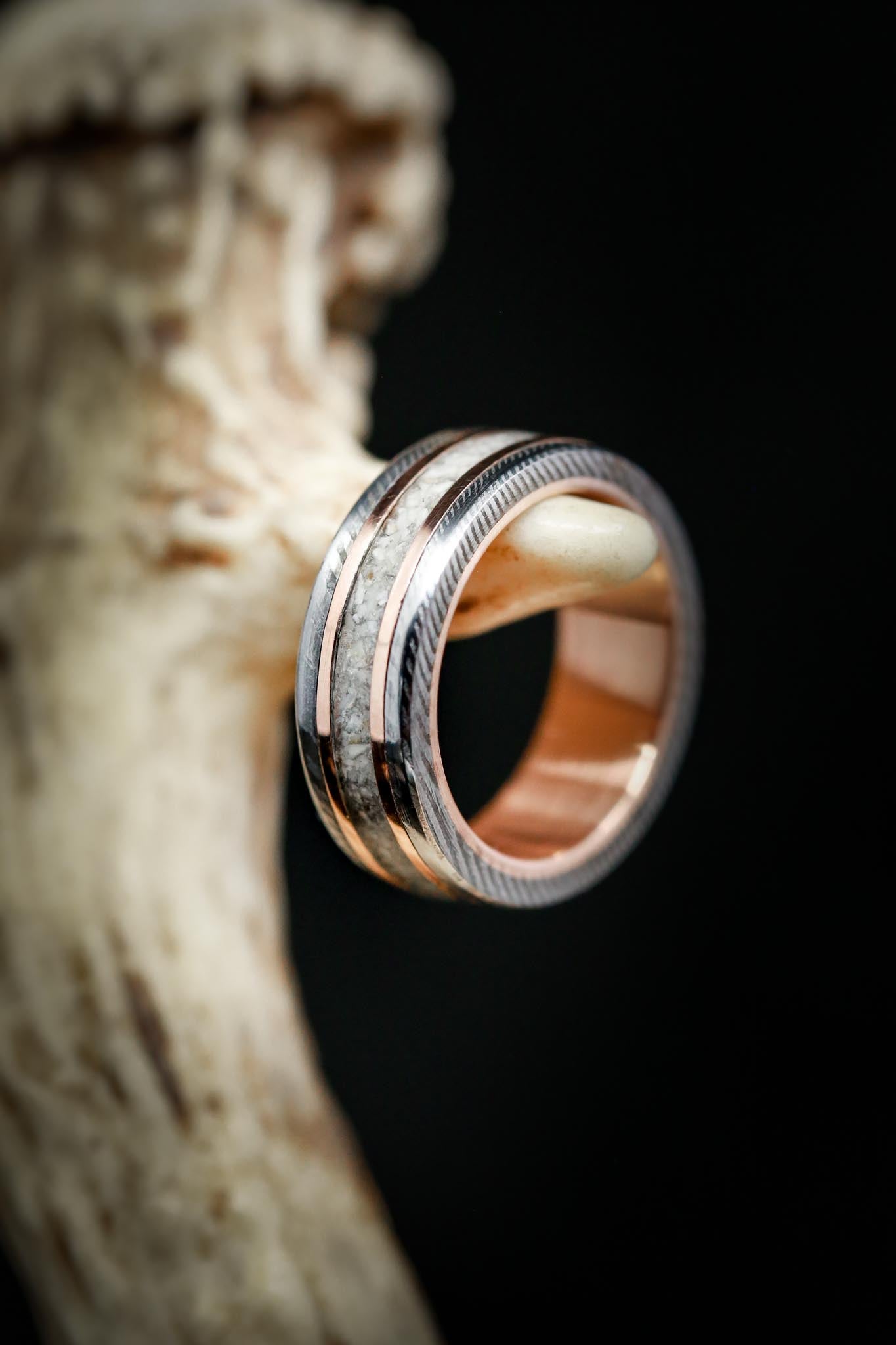 "KALDER" - ELK TOOTH IVORY & 14K GOLD INLAYS WEDDING RING FEATURING A 14K GOLD LINED DAMASCUS STEEL BAND-5
