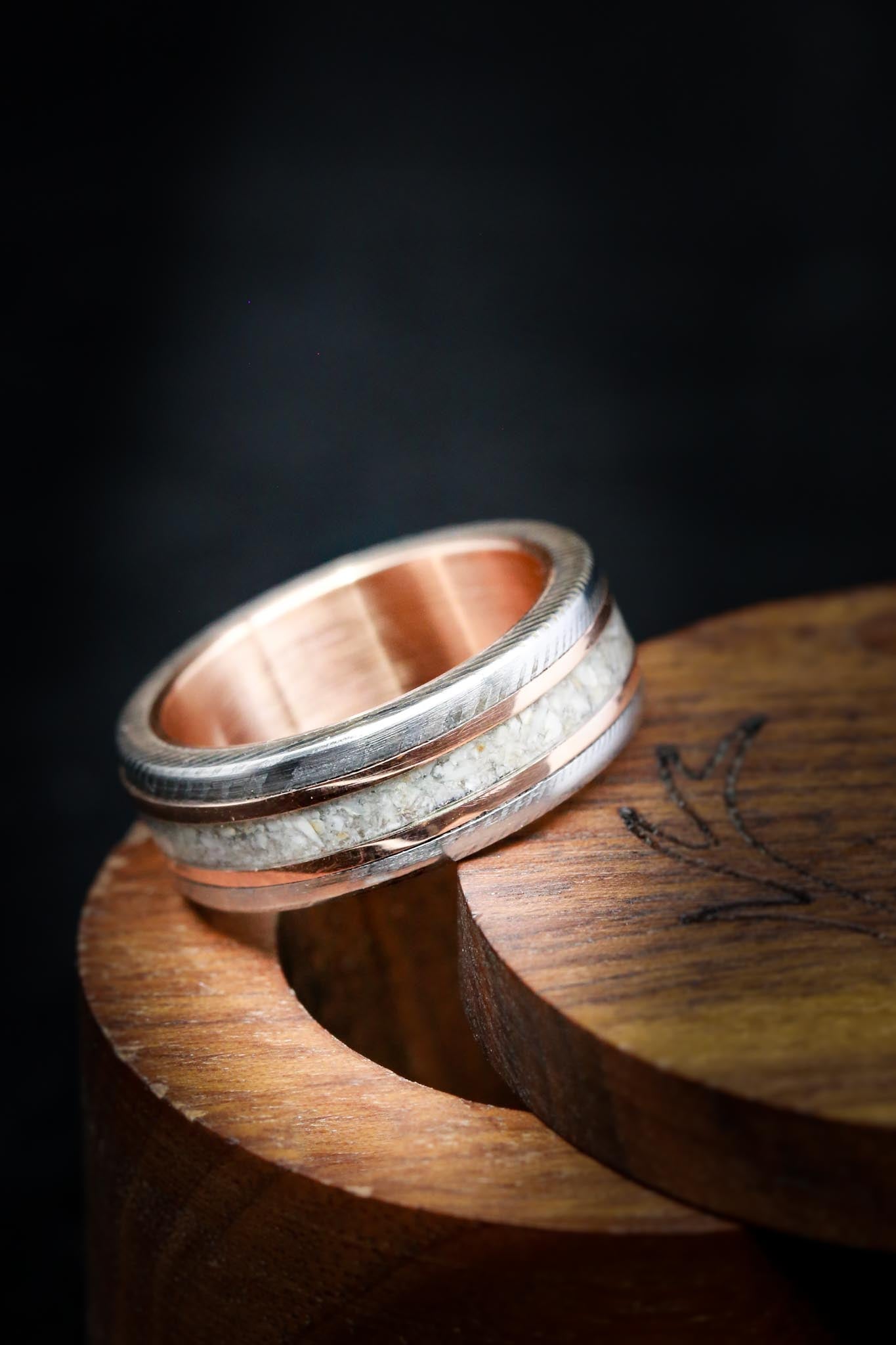 "KALDER" - ELK TOOTH IVORY & 14K GOLD INLAYS WEDDING RING FEATURING A 14K GOLD LINED DAMASCUS STEEL BAND-4
