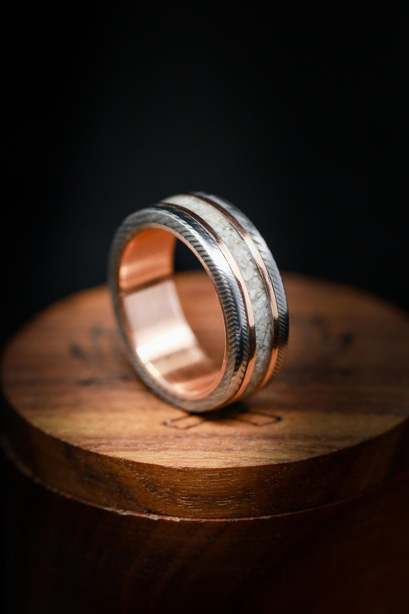 "KALDER" - ELK TOOTH IVORY & 14K GOLD INLAYS WEDDING RING FEATURING A 14K GOLD LINED DAMASCUS STEEL BAND-6