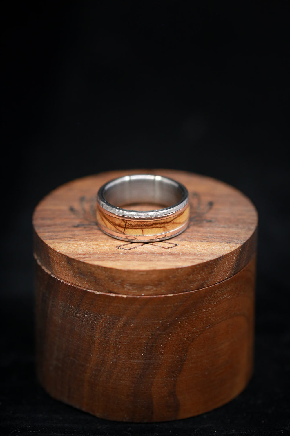 "HOLLIS" - OLIVE WOOD & 14K GOLD INLAYS WEDDING RING WITH A HAMMERED FINISH-5
