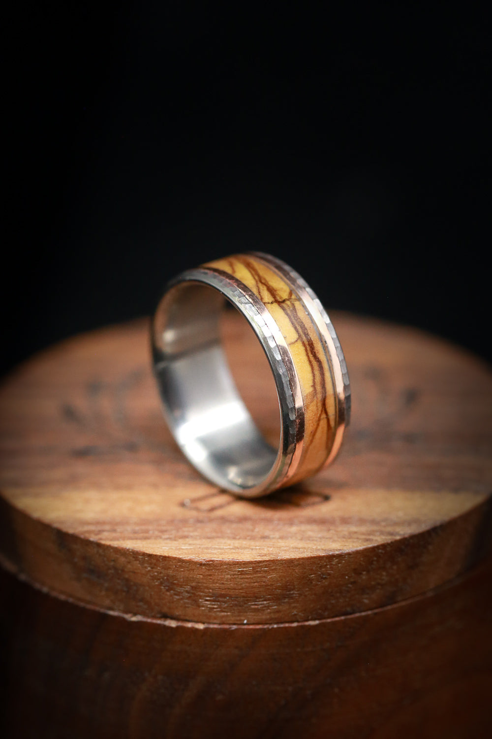 "HOLLIS" - OLIVE WOOD & 14K GOLD INLAYS WEDDING RING WITH A HAMMERED FINISH-4