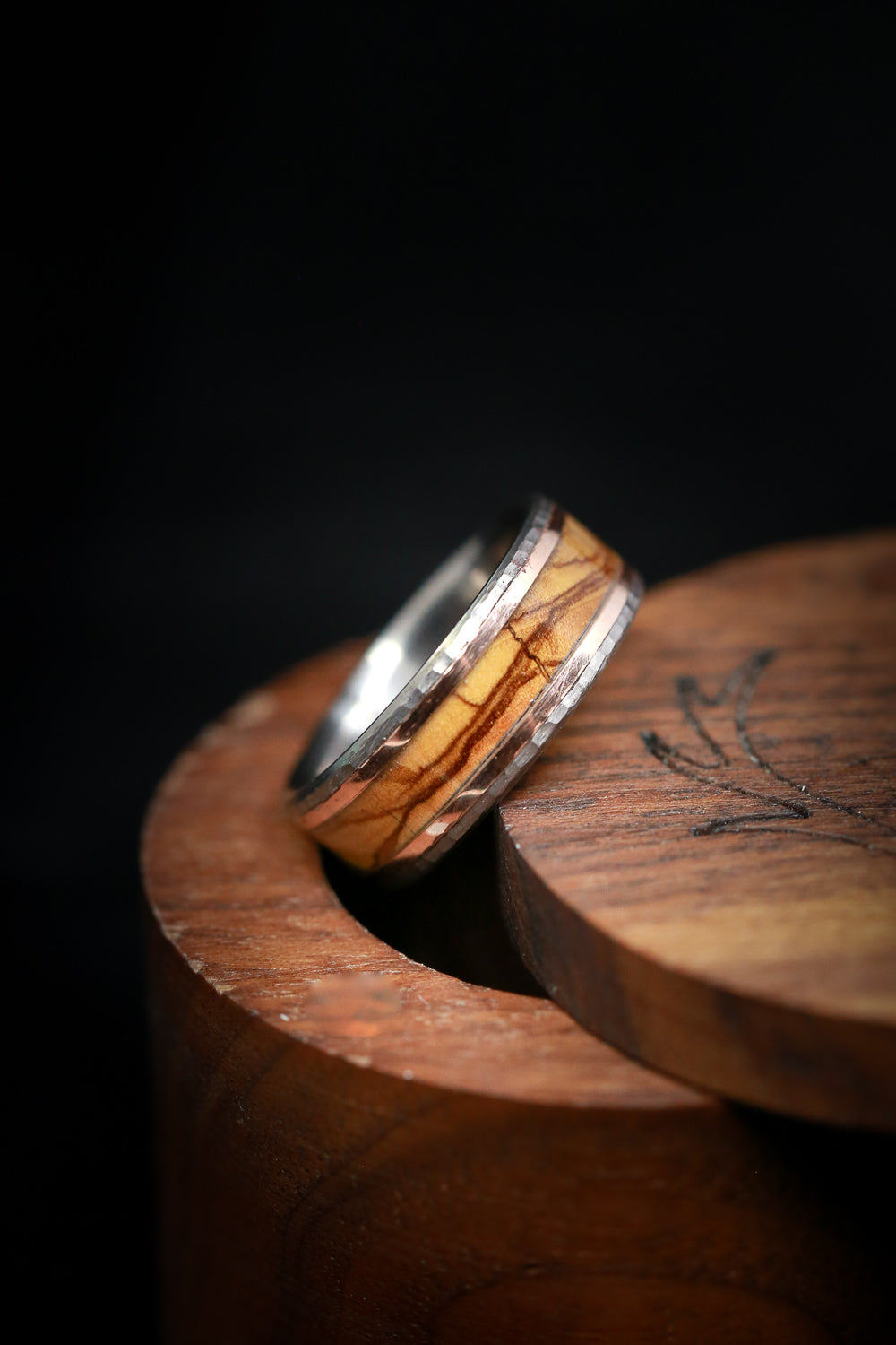 "HOLLIS" - OLIVE WOOD & 14K GOLD INLAYS WEDDING RING WITH A HAMMERED FINISH-6