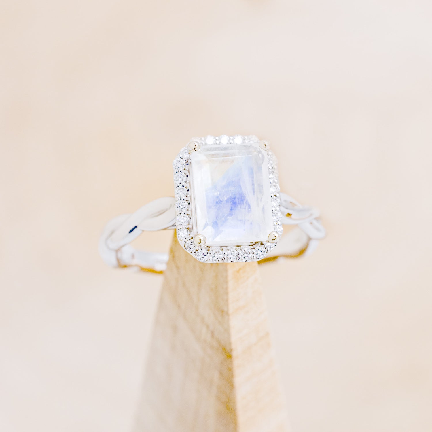 "EVERLEIGH" - EMERALD CUT MOONSTONE ENGAGEMENT RING WITH DIAMOND HALO & WOVEN STACKING BAND-22