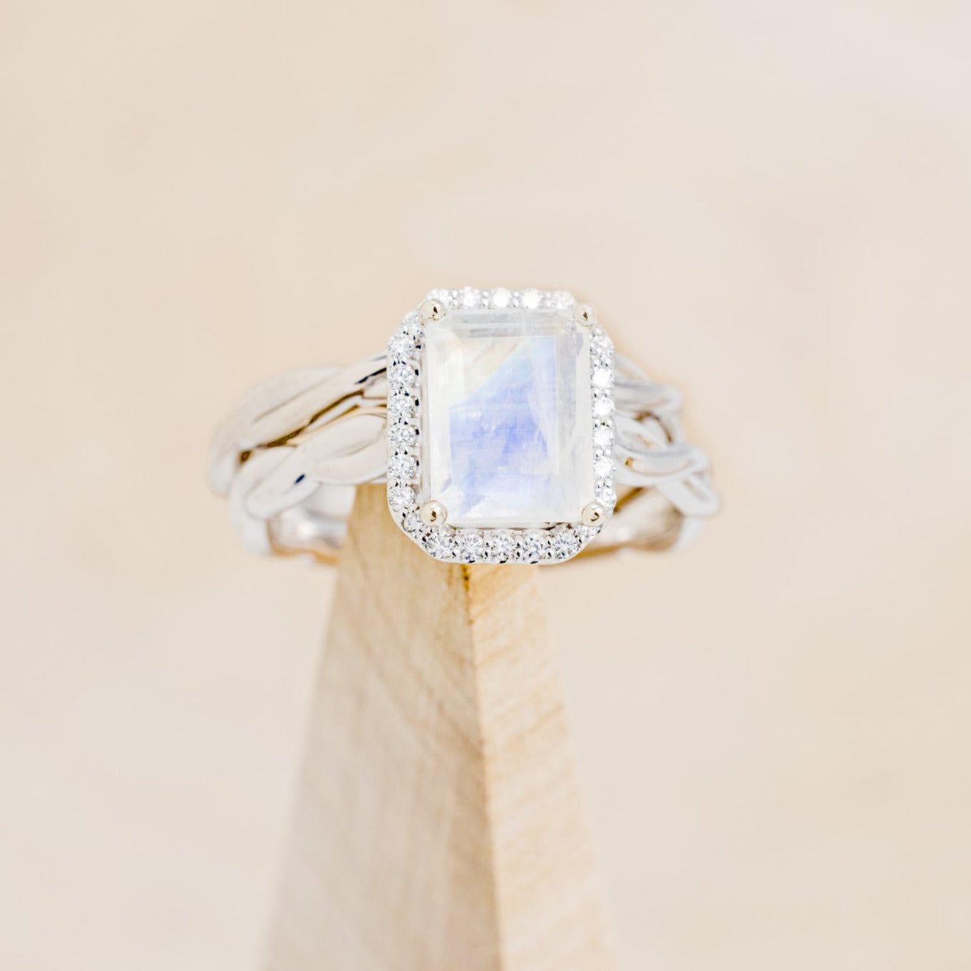 "EVERLEIGH" - EMERALD CUT MOONSTONE ENGAGEMENT RING WITH DIAMOND HALO & WOVEN STACKING BAND-16