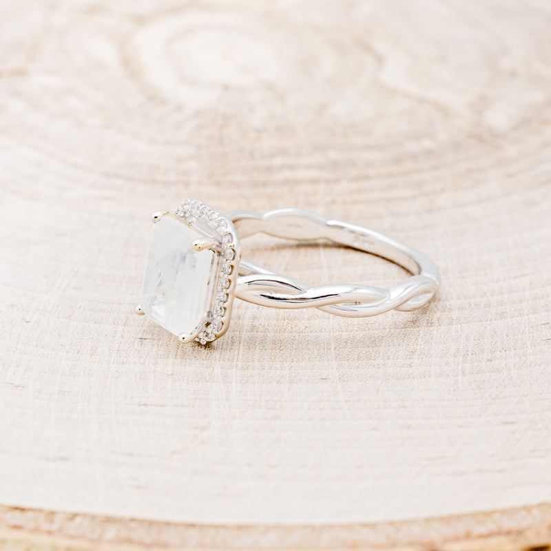 "EVERLEIGH" - EMERALD CUT MOONSTONE ENGAGEMENT RING WITH DIAMOND HALO & WOVEN STACKING BAND