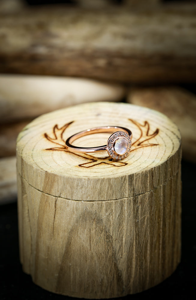 14K GOLD ENGAGEMENT RING WITH A MOONSTONE AND DIAMOND HALO (available in 14K white, yellow & rose gold) - Staghead Designs - Antler Rings By Staghead Designs