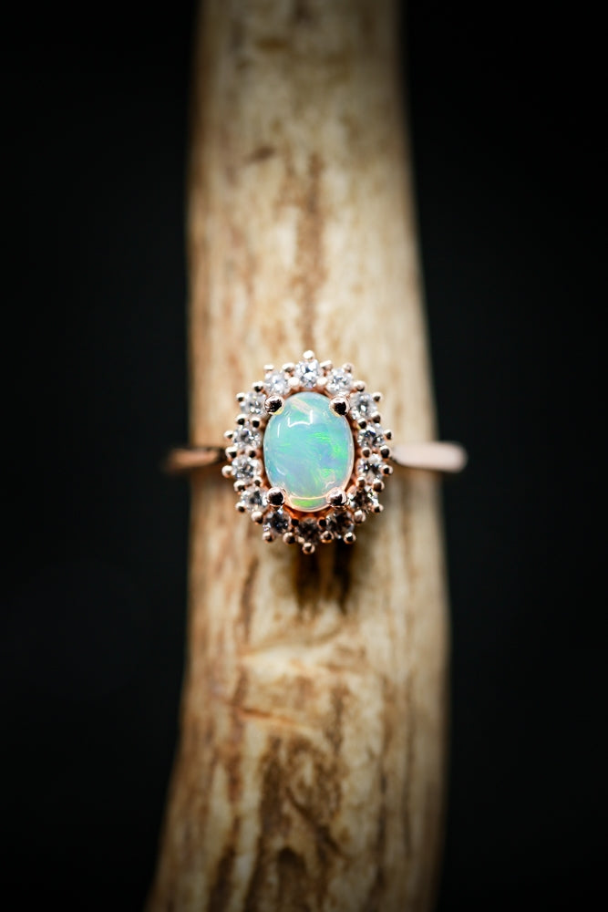 Shown here is A halo-style welo opal women's engagement ring with delicate and ornate details and is available with many center stone options-WOMEN'S 14K GOLD ENGAGEMENT RING WITH WELO OPAL AND DIAMOND HALO (available in 14K white, yellow & rose gold) - Staghead Designs - Antler Rings By Staghead Designs
