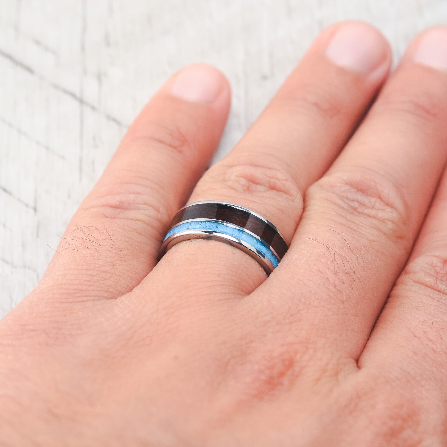 "RAPTOR" - HAND CRUSHED TURQUOISE & IRONWOOD WEDDING BAND-10