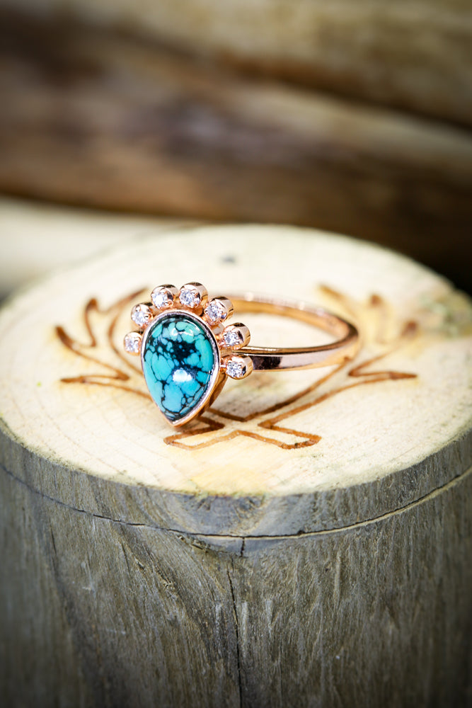 PEAR SHAPED TURQUOISE STONE WITH DIAMOND HALO ON 14K GOLD (available in 14K white, yellow & rose gold) - Staghead Designs - Antler Rings By Staghead Designs