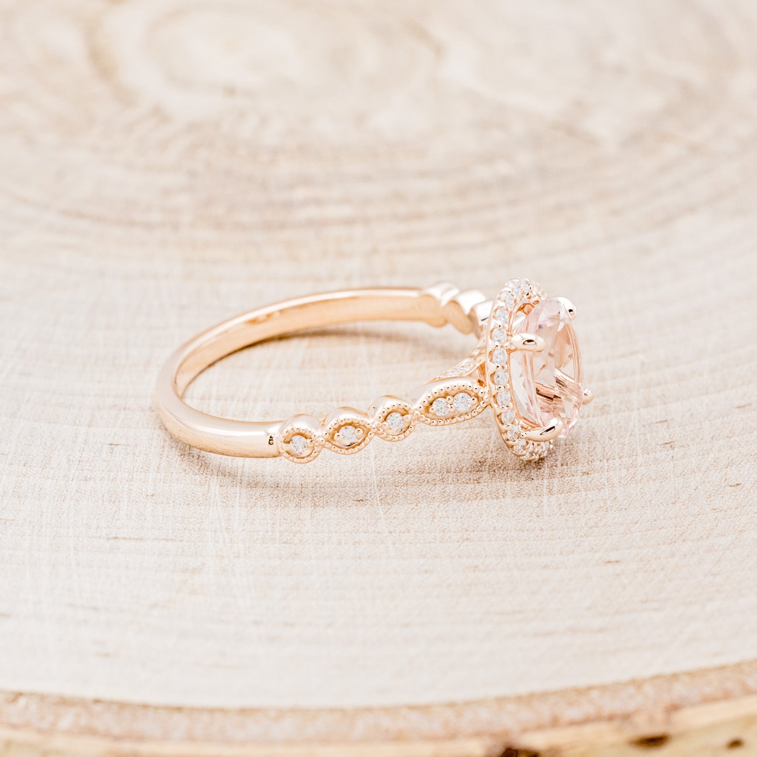 OVAL MORGANITE ENGAGEMENT RING WITH SCALLOP BAND & DIAMOND ACCENTS-2
