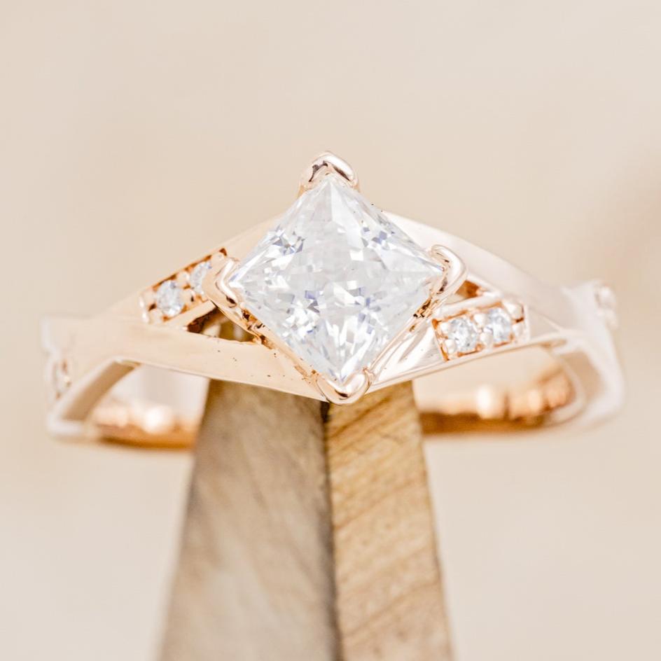 "LINA" - PRINCESS CUT MOISSANITE ENGAGEMENT RING WITH DIAMOND ACCENTS & TURQUOISE RING GUARD-6