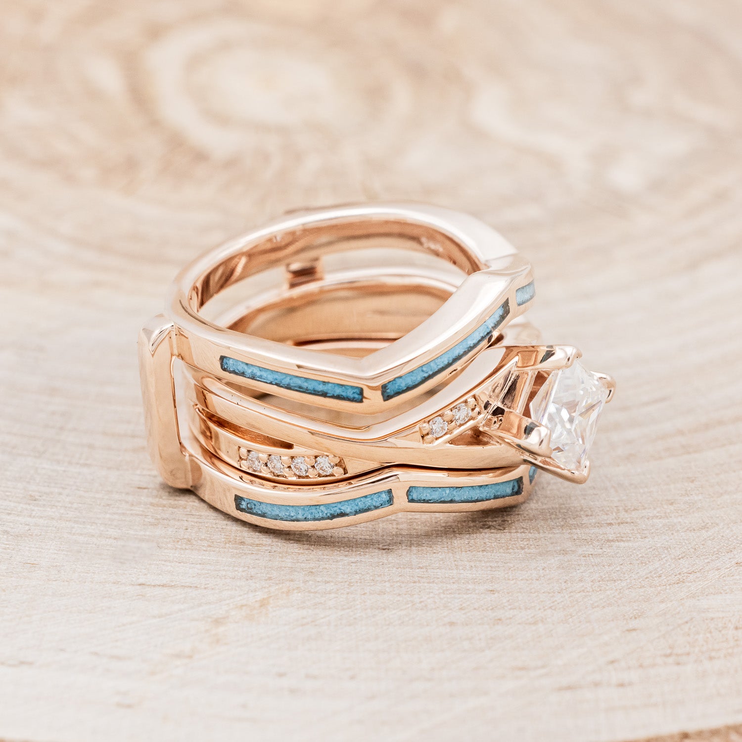 "LINA" - PRINCESS CUT MOISSANITE ENGAGEMENT RING WITH DIAMOND ACCENTS & TURQUOISE RING GUARD-2