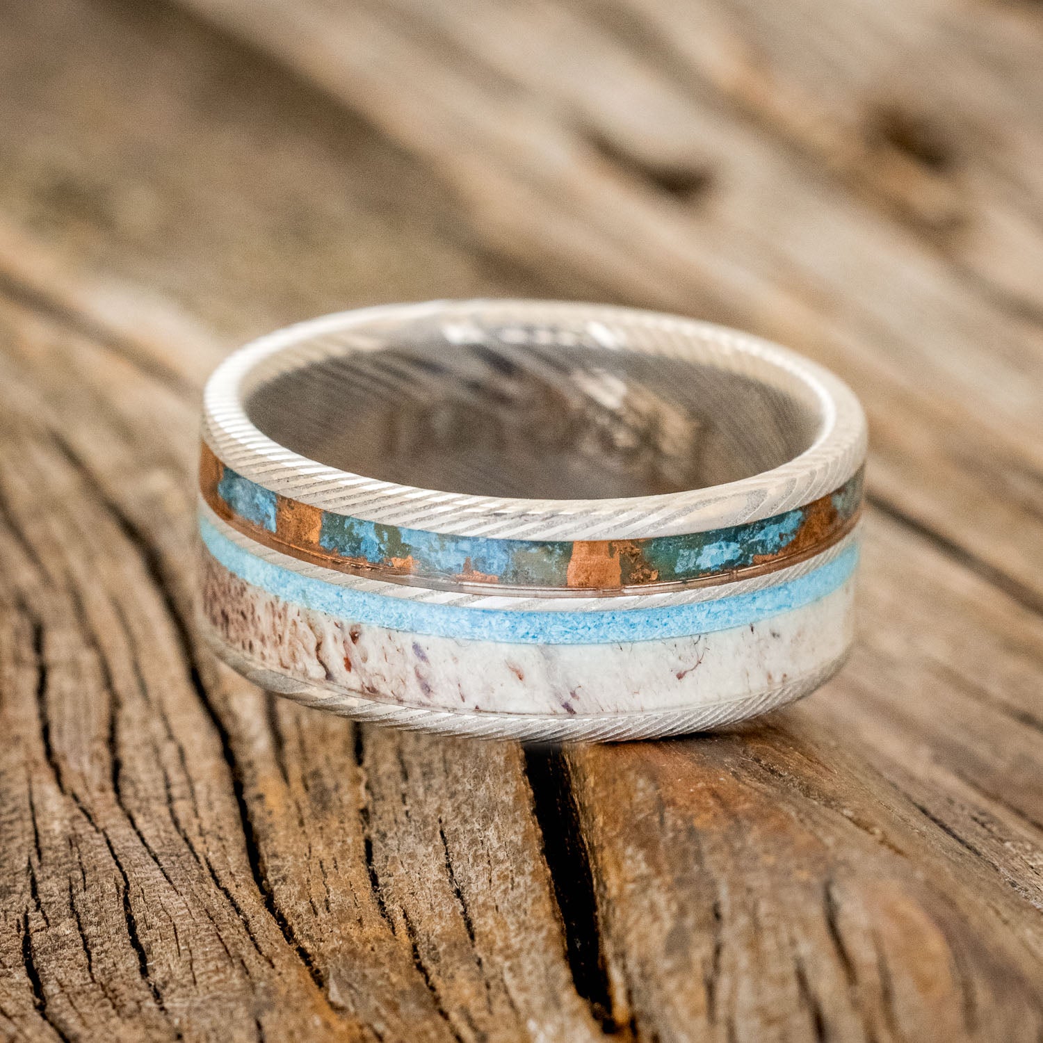"ELEMENT" - PATINA COPPER, ANTLER & TURQUOISE WEDDING BAND-9
