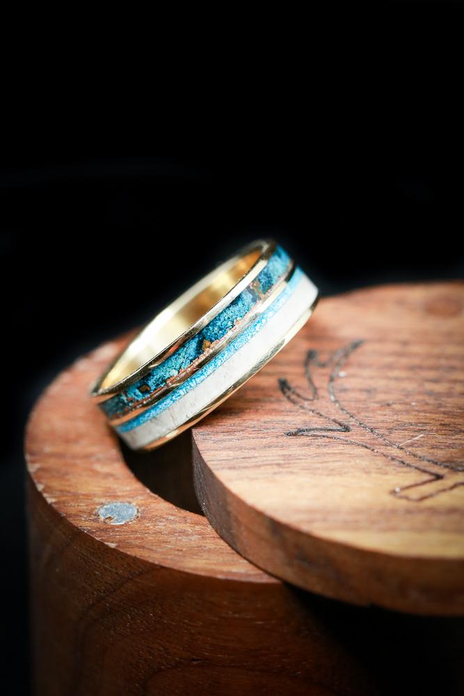 "ELEMENT" - PATINA COPPER, ANTLER & TURQUOISE WEDDING BAND-17