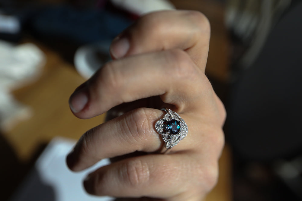 "FLORENCE" - ROUND CUT LAB-GROWN ALEXANDRITE ENGAGEMENT RING WITH DIAMOND ACCENTS & TRACER-15