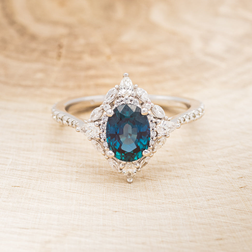 "NORTH STAR" - OVAL LAB-GROWN ALEXANDRITE ENGAGEMENT RING WITH DIAMOND HALO - EXPEDITED-10