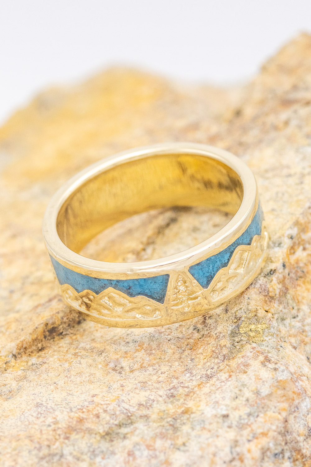 "SUMMIT" - MOUNTAIN RANGE ENGRAVED RING WITH TURQUOISE & LARIMAR INLAYS-2