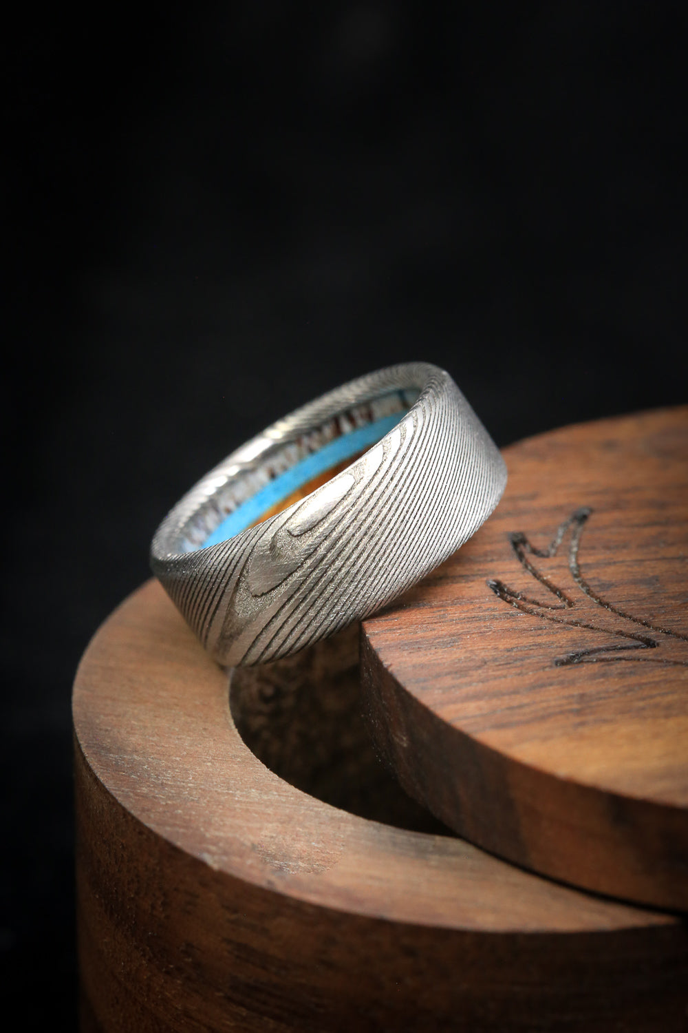 "ARGOS" - ANTLER, IRONWOOD & TURQUOISE LINED WEDDING BAND-2
