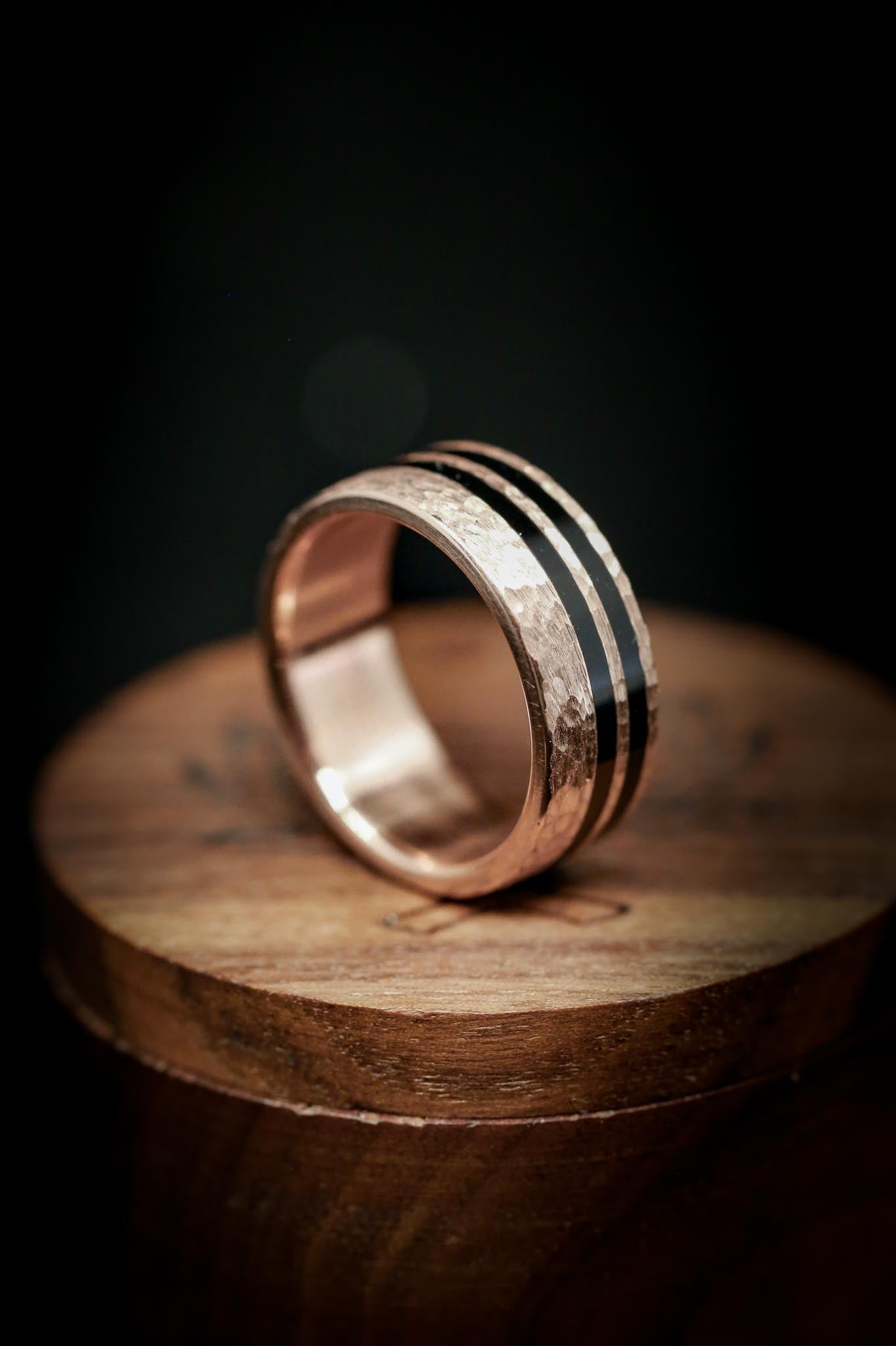 "COSMO" - BLACK ACRYLIC WEDDING RING WITH A HAMMERED BAND-6