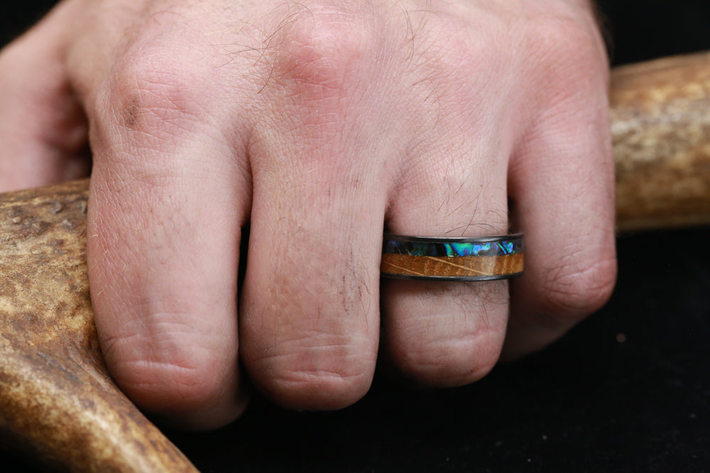 "FLYNN" - PAUA SHELL & WHISKEY BARREL OAK WEDDING RING WITH ANTLER LINED BAND-13