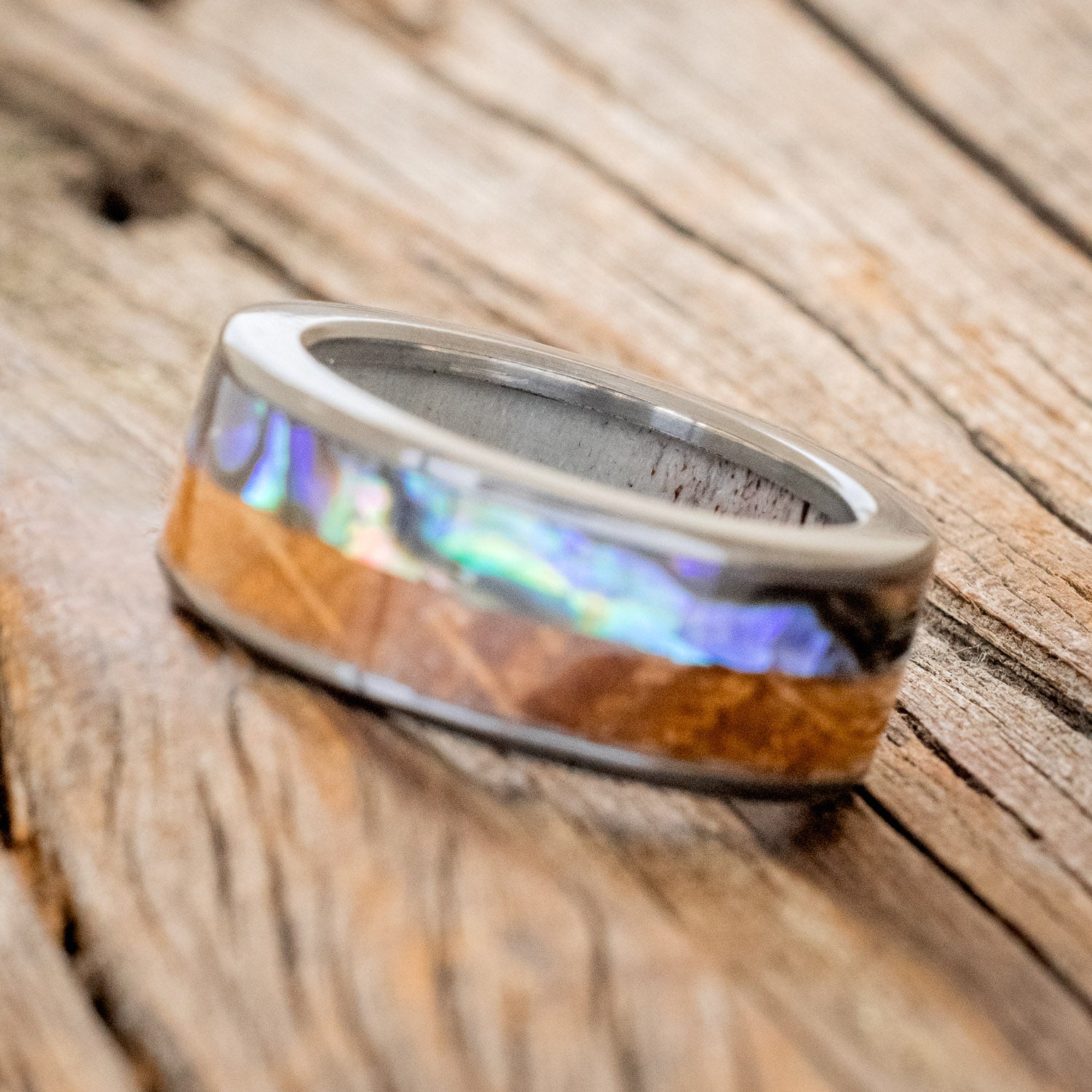 "FLYNN" - PAUA SHELL & WHISKEY BARREL OAK WEDDING RING WITH ANTLER LINED BAND-11