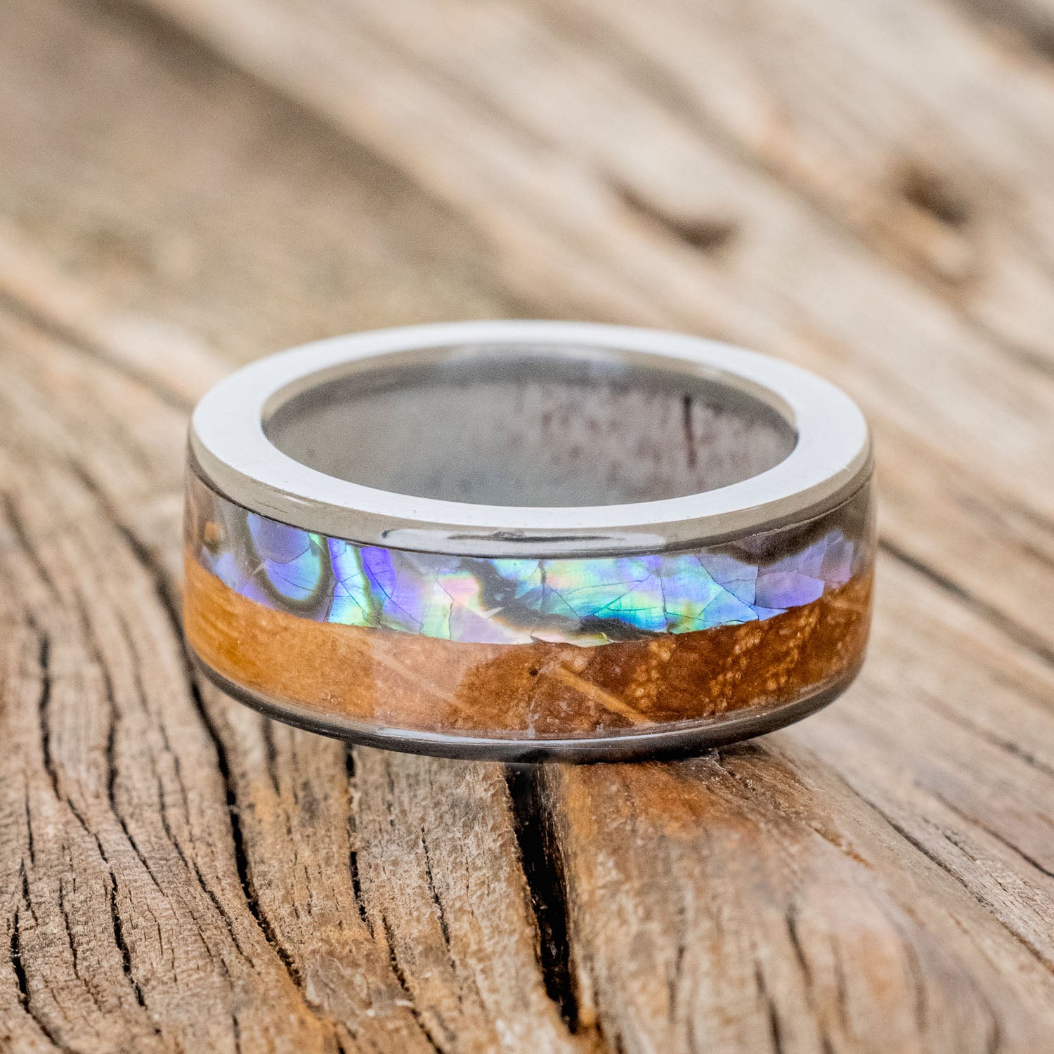 "FLYNN" - PAUA SHELL & WHISKEY BARREL OAK WEDDING RING WITH ANTLER LINED BAND-9