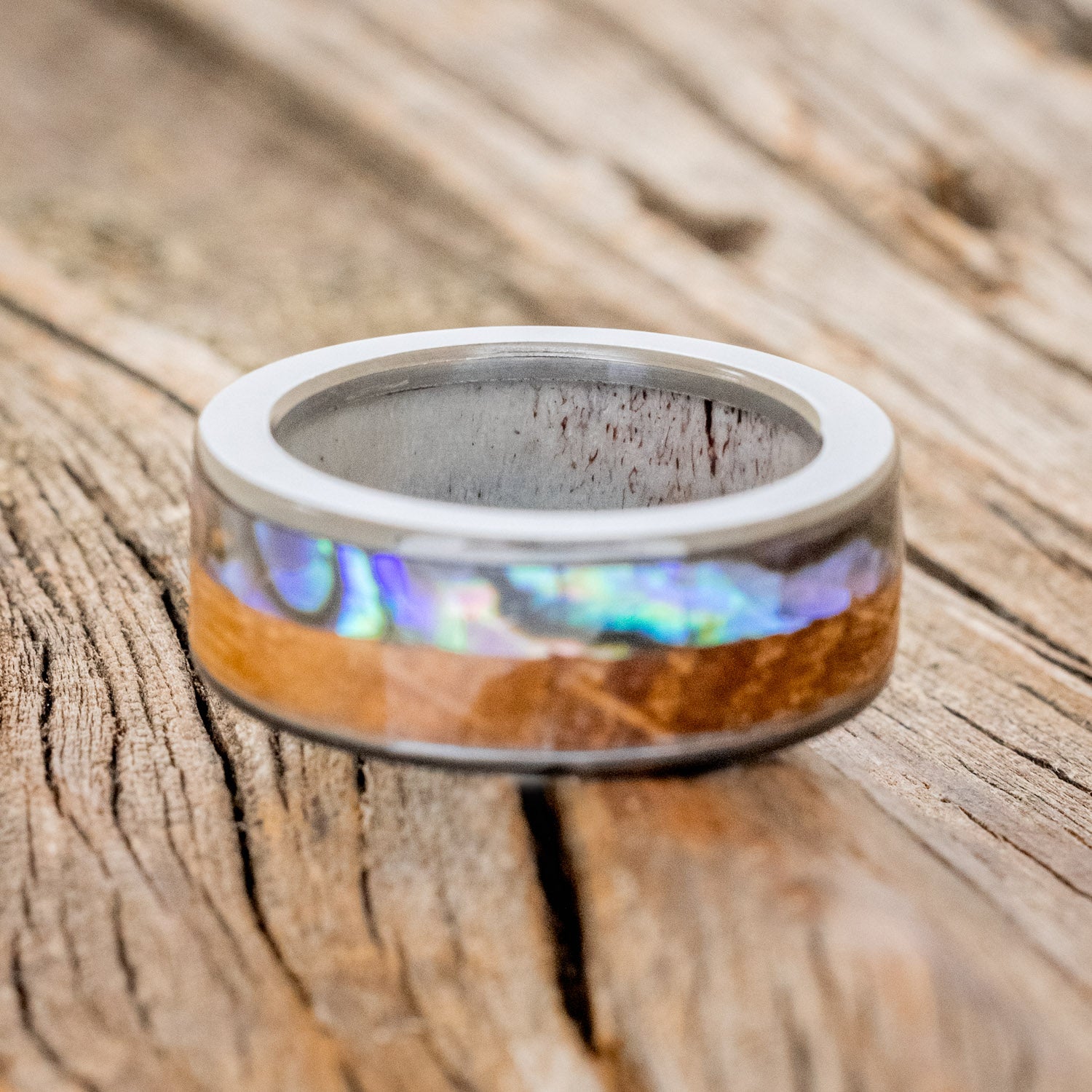 "FLYNN" - PAUA SHELL & WHISKEY BARREL OAK WEDDING RING WITH ANTLER LINED BAND-12