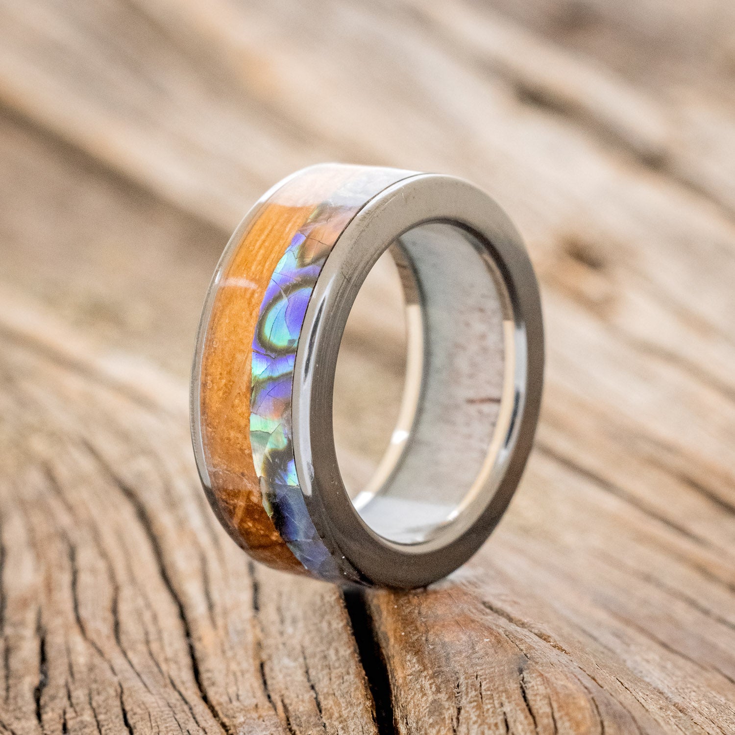 "FLYNN" - PAUA SHELL & WHISKEY BARREL OAK WEDDING RING WITH ANTLER LINED BAND-7
