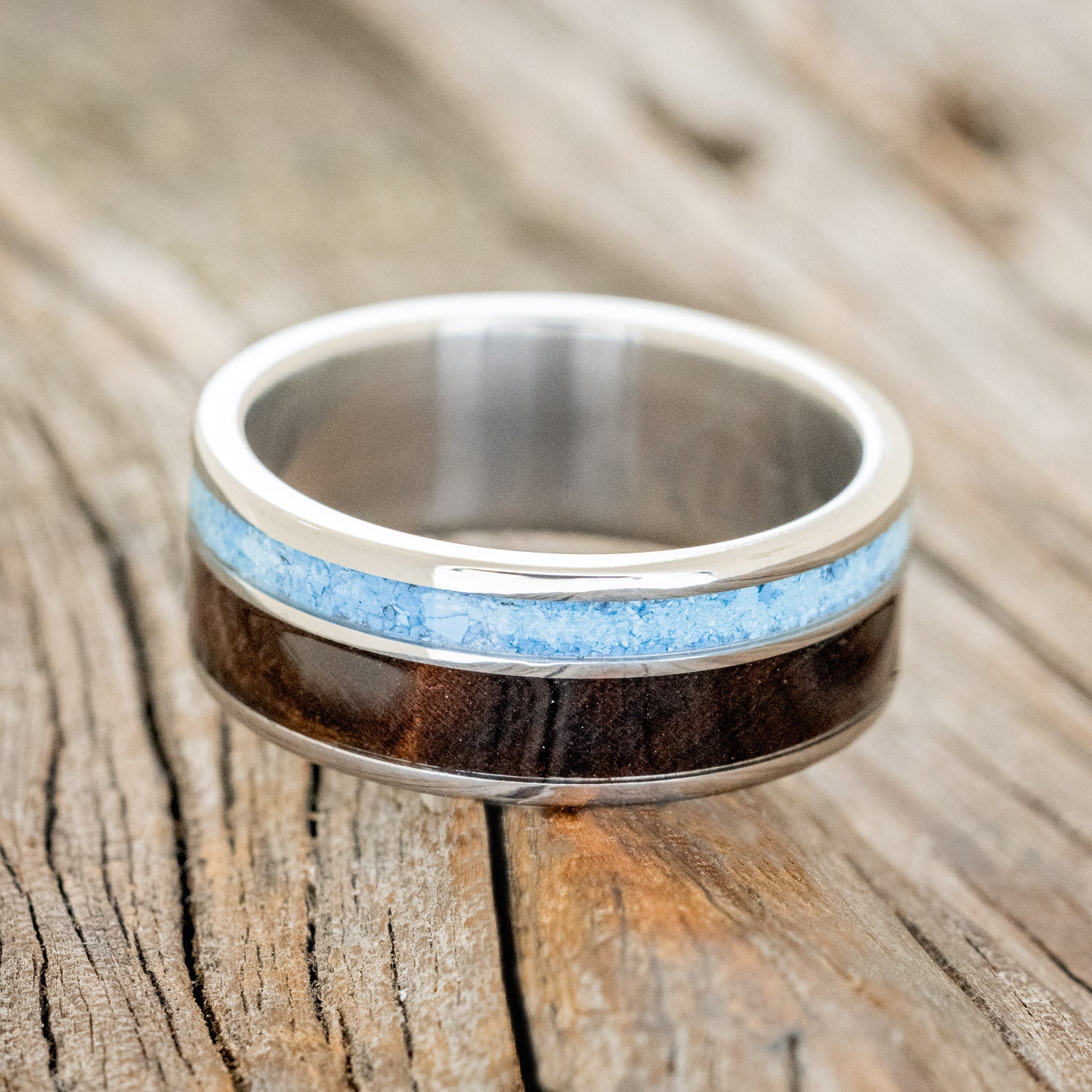 "RAPTOR" - HAND CRUSHED TURQUOISE & IRONWOOD WEDDING BAND-3