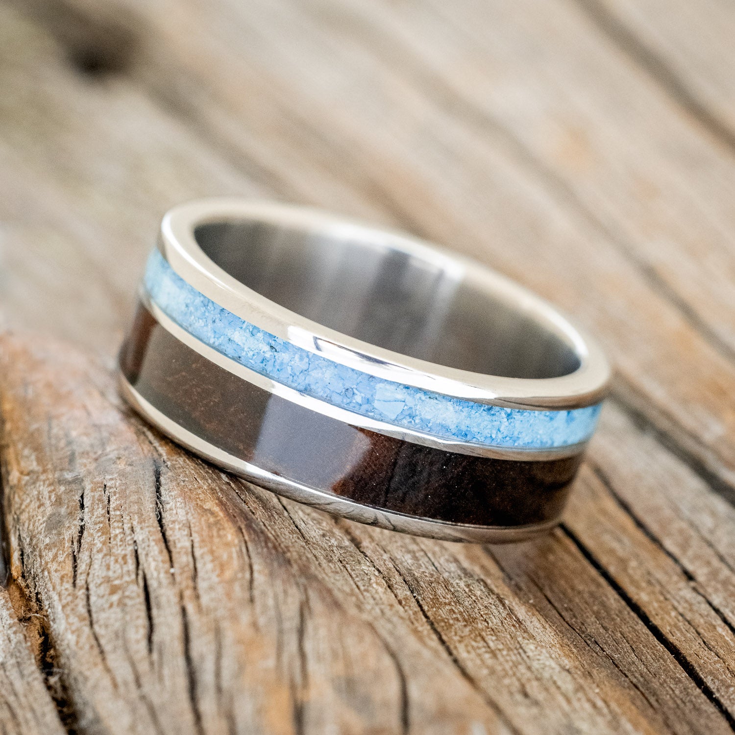"RAPTOR" - HAND CRUSHED TURQUOISE & IRONWOOD WEDDING BAND-2