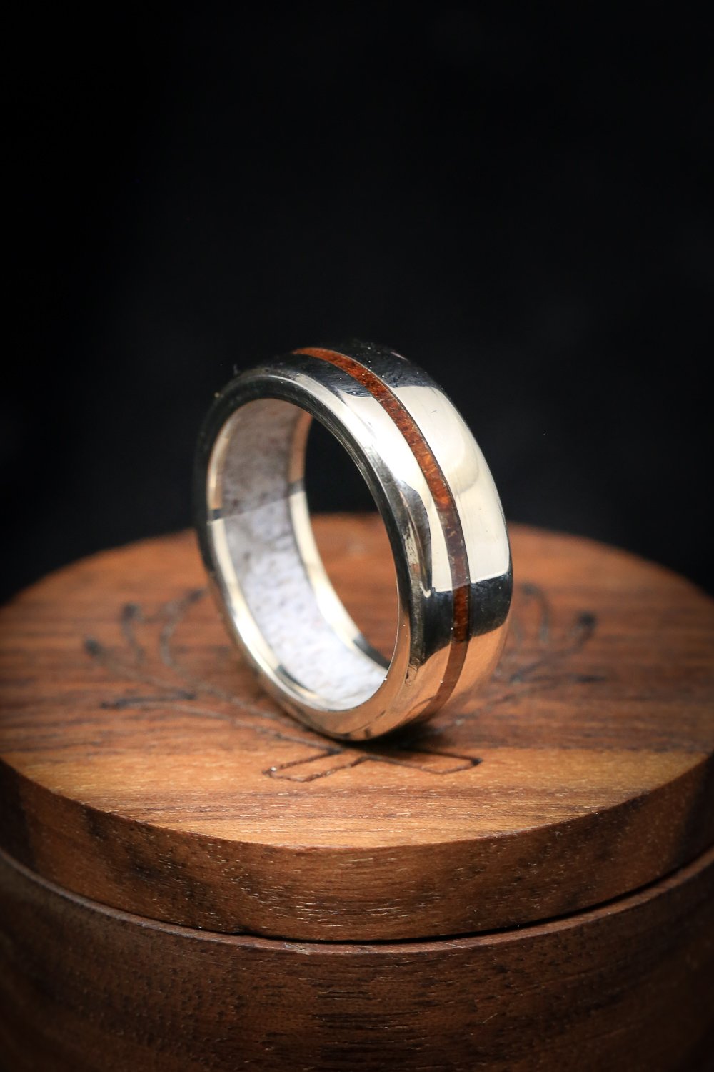 "VERTIGO" - IRONWOOD WEDDING RING WITH ANTLER LINED BAND-22