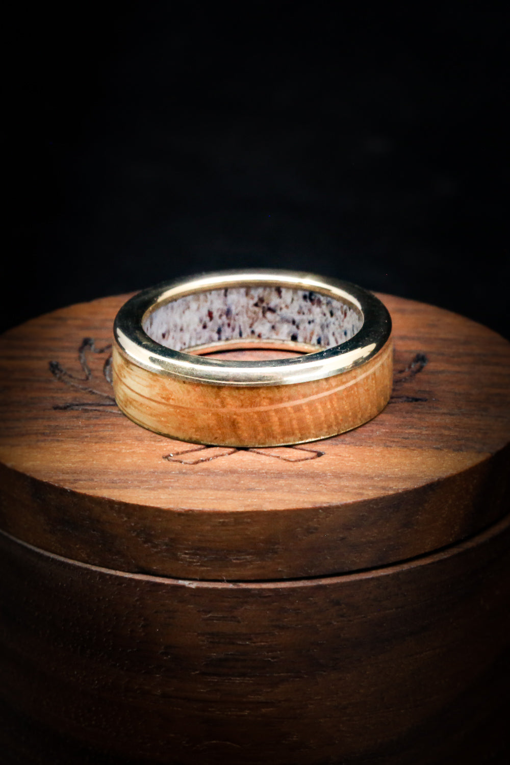 "EZRA" - WHISKEY BARREL OAK WEDDING RING FEATURING AN ANTLER LINED BAND-16