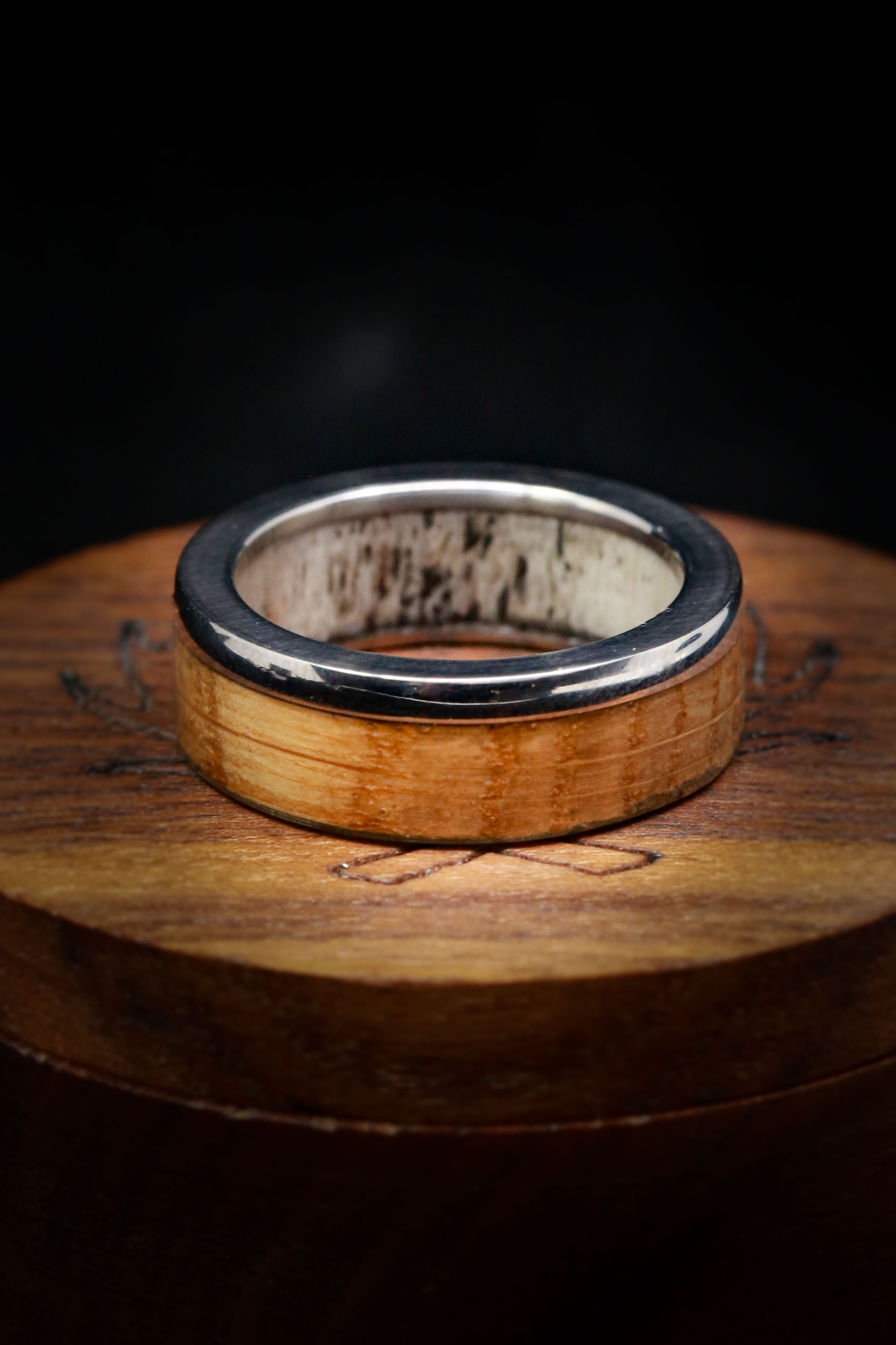 "EZRA" - WHISKEY BARREL OAK WEDDING RING FEATURING AN ANTLER LINED BAND-8