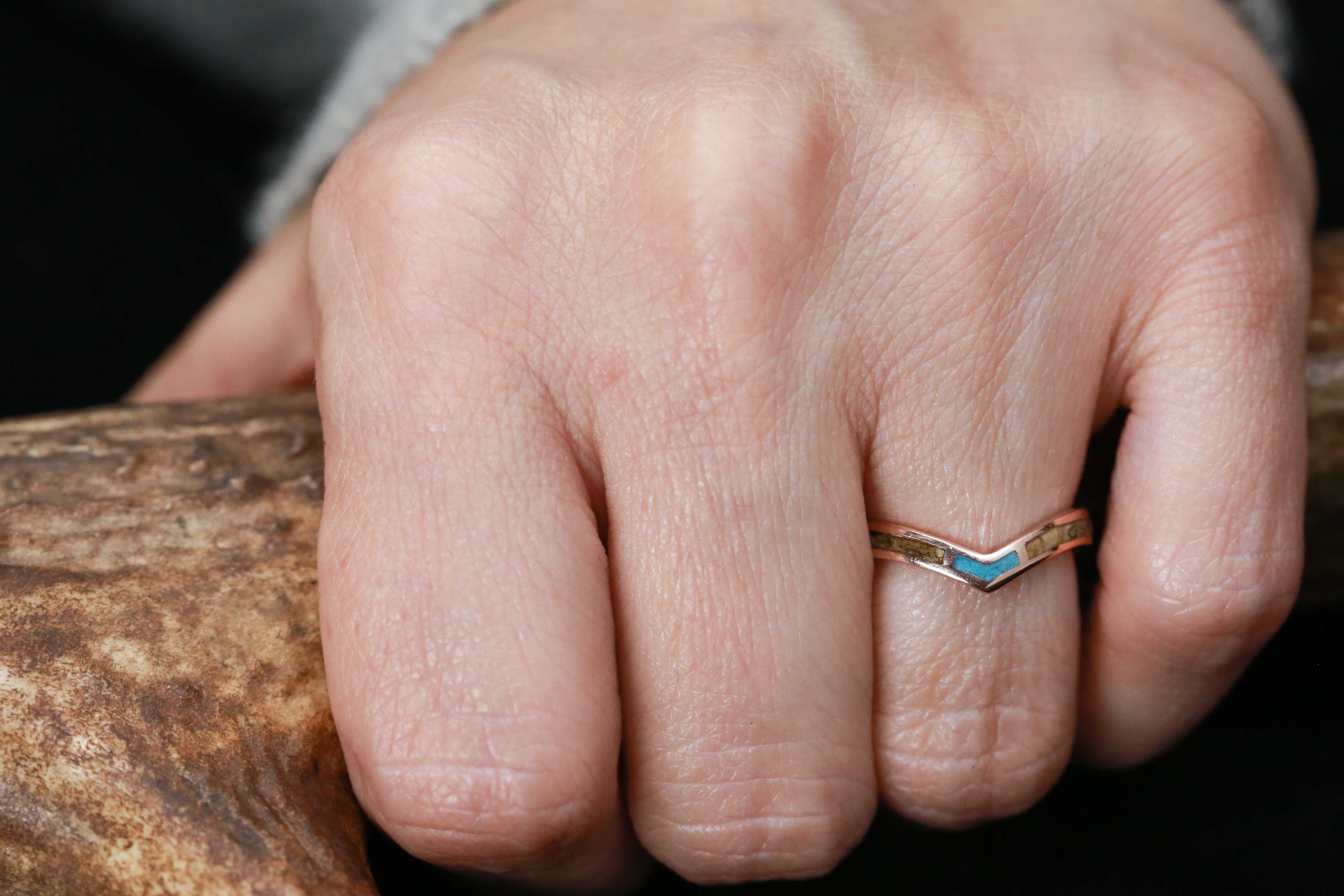 "KIDA" - BUCKEYE BURL WOOD & TURQUOISE INLAYS STACKING BAND-11