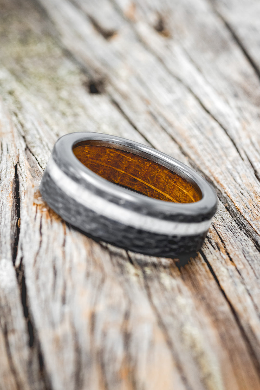 "VERTIGO" - ANTLER INLAY WEDDING RING FEATURING A WHISKEY BARREL LINING & HAMMERED FINISH-15