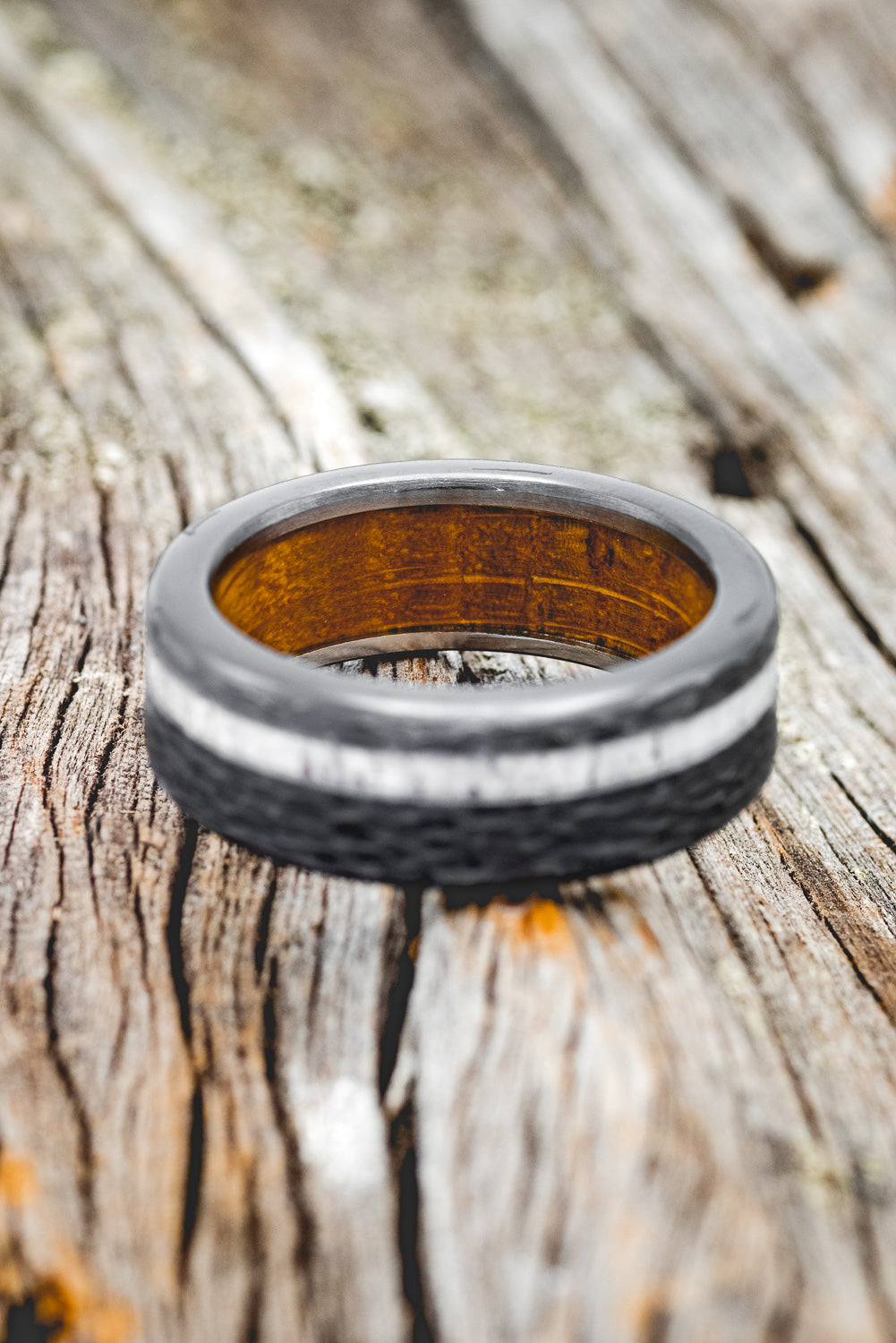"VERTIGO" - ANTLER INLAY WEDDING RING FEATURING A WHISKEY BARREL LINING & HAMMERED FINISH-17