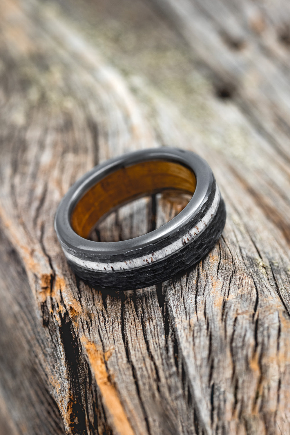 "VERTIGO" - ANTLER INLAY WEDDING RING FEATURING A WHISKEY BARREL LINING & HAMMERED FINISH-16