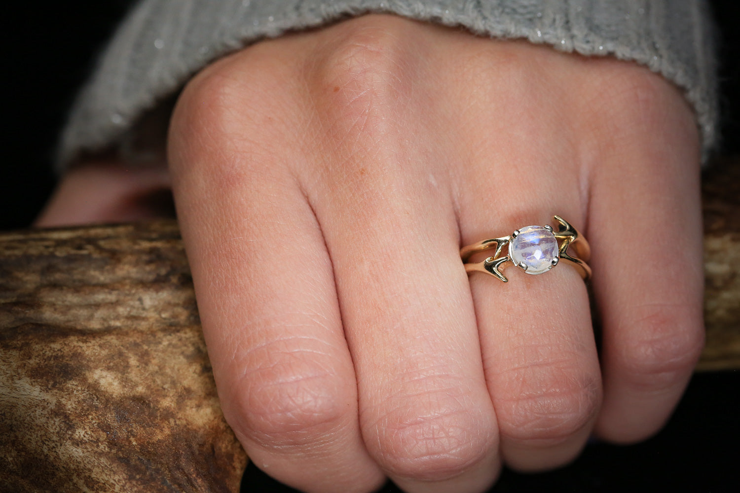 "ARTEMIS" - ROUND MOONSTONE ENGAGEMENT RING WITH AN ANTLER-STACKING BAND-28