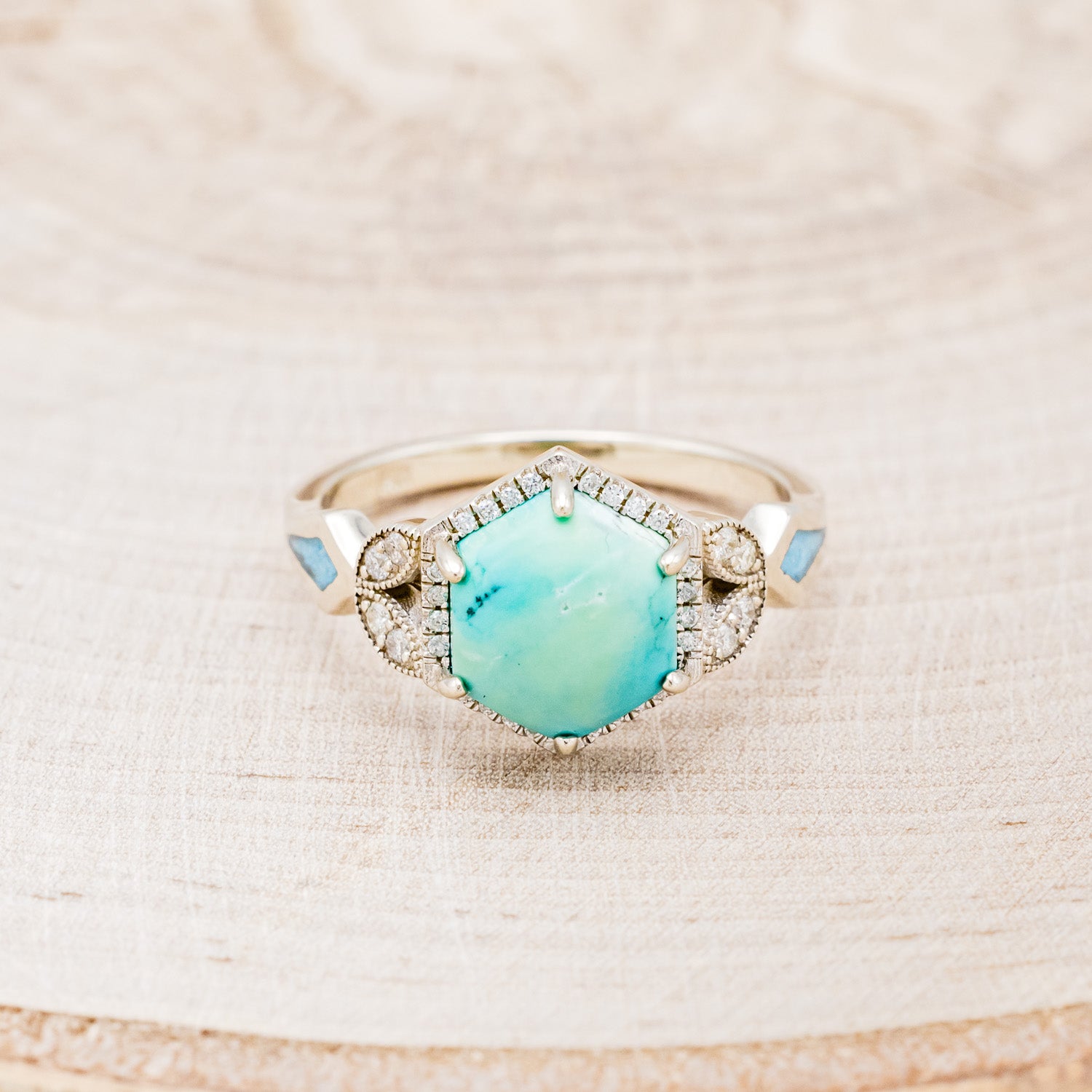 "LUCY IN THE SKY" - HEXAGON TURQUOISE ENGAGEMENT RING WITH DIAMOND ACCENTS & TURQUOISE INLAYS-14