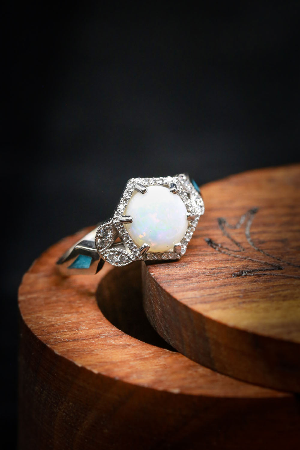 "LUCY IN THE SKY" - ROUND CUT WHITE OPAL ENGAGEMENT RING WITH DIAMOND ACCENTS & TURQUOISE INLAYS WITH DIAMOND TRACER-19