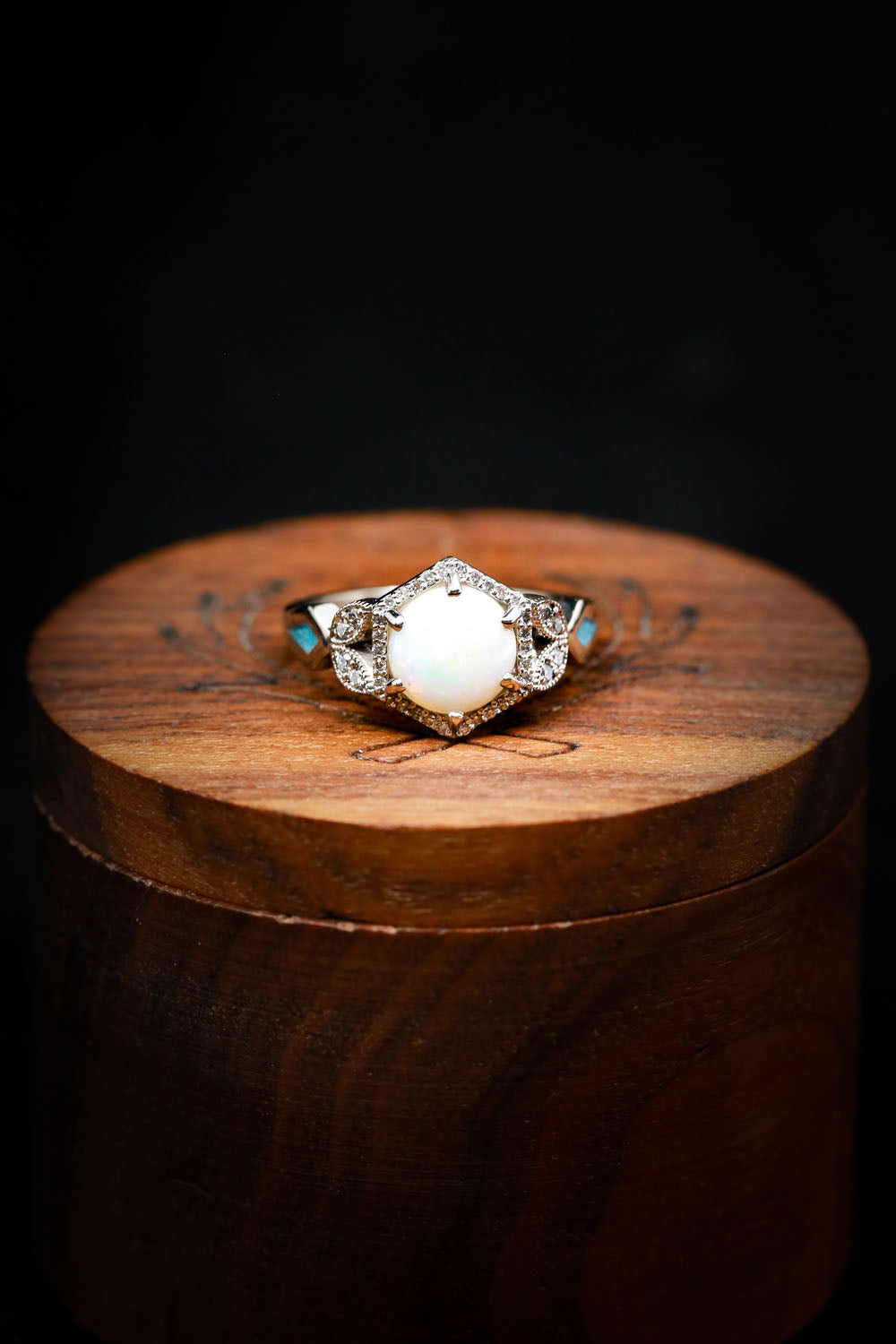 "LUCY IN THE SKY" - ROUND CUT WHITE OPAL ENGAGEMENT RING WITH DIAMOND ACCENTS & TURQUOISE INLAYS WITH DIAMOND TRACER-20