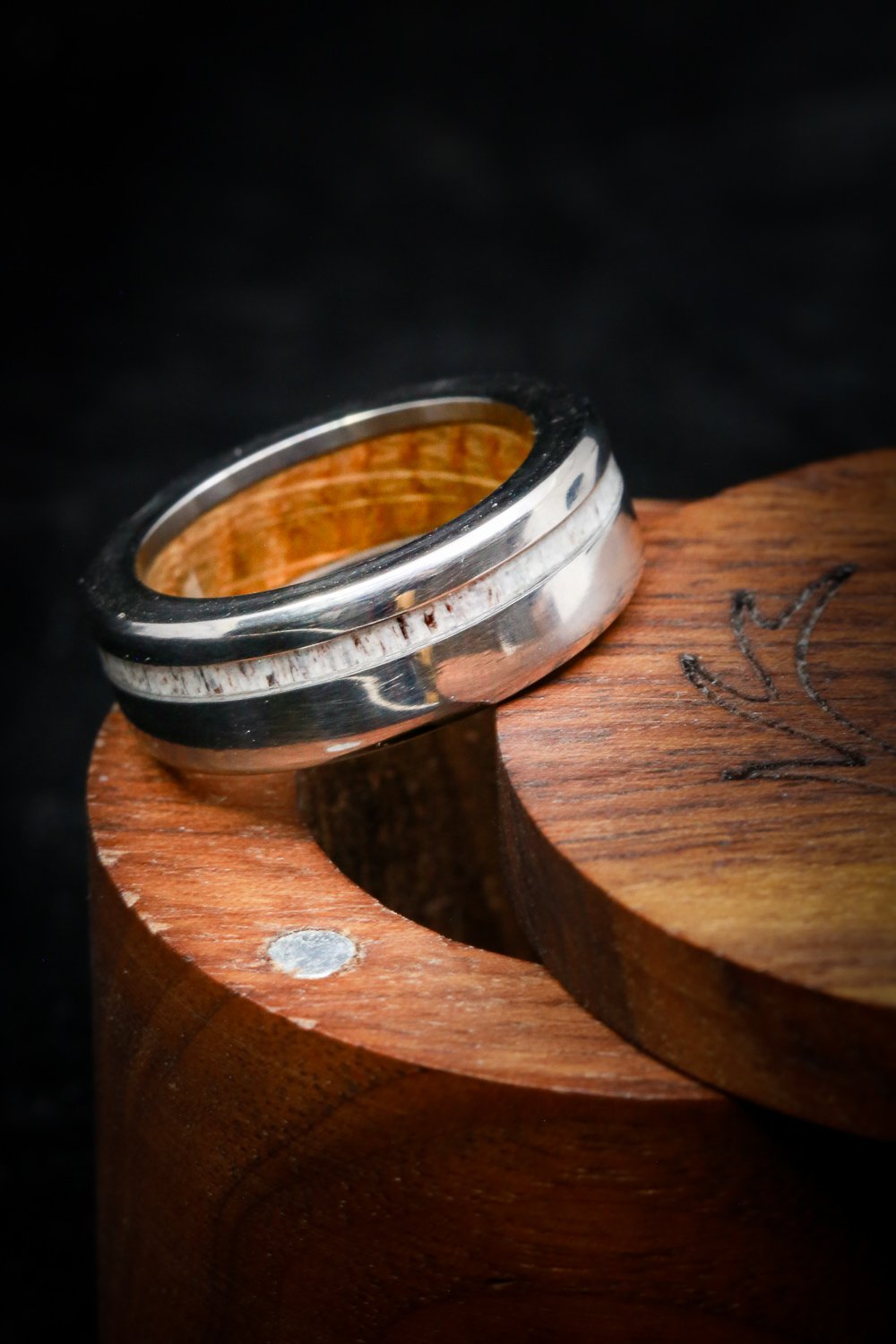 "VERTIGO" - ANTLER WEDDING BAND FEATURING A WHISKEY BARREL OAK LINING-9