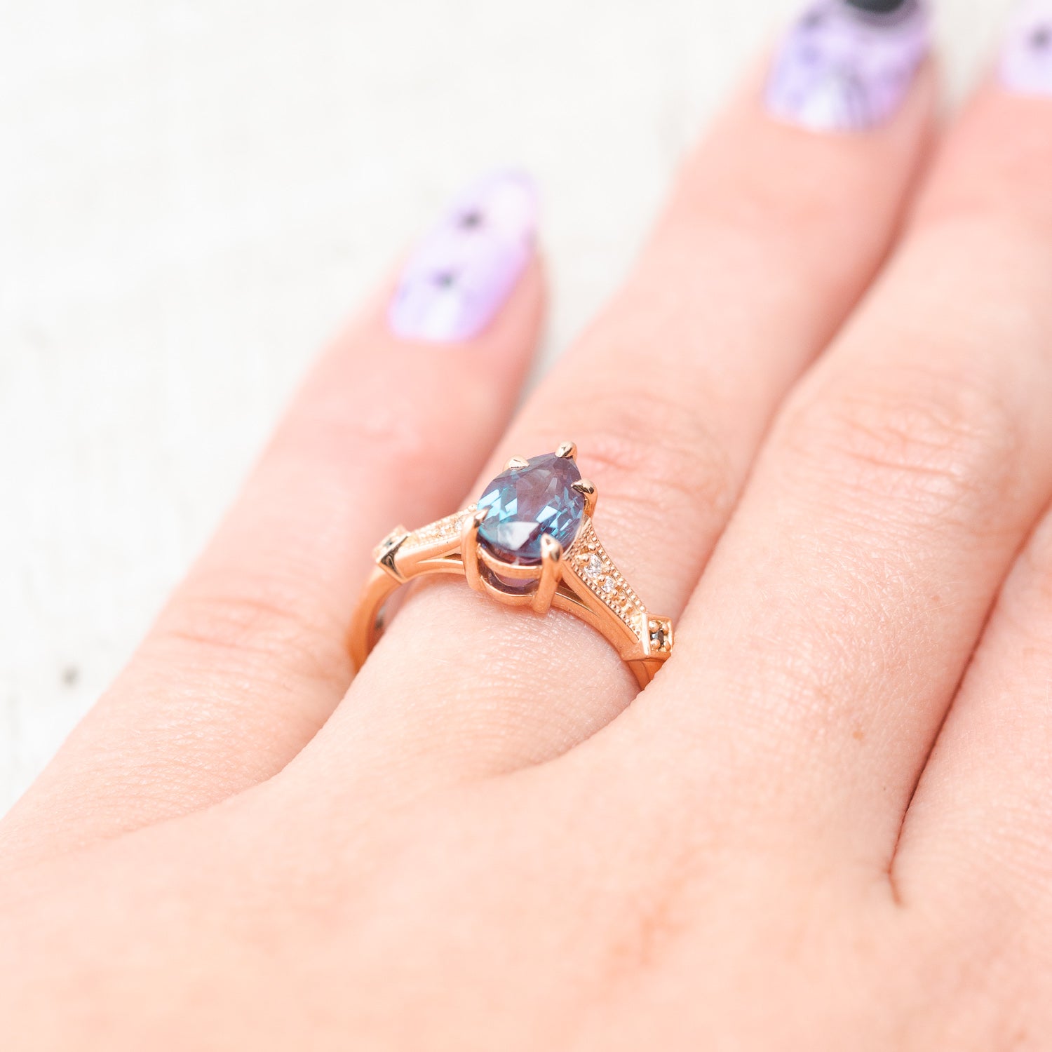 "ANNORA" - PEAR SHAPED LAB-GROWN ALEXANDRITE ENGAGEMENT RING WITH DIAMOND ACCENTS-7
