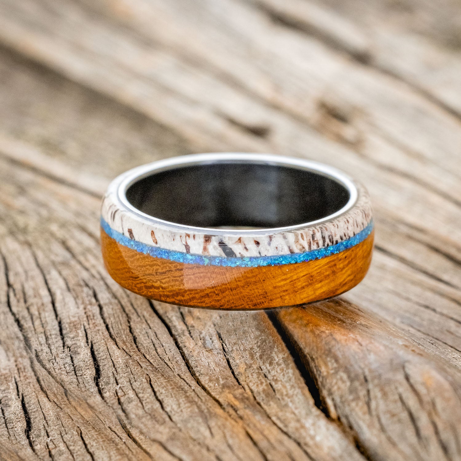 "ARGOS" - BLUE OPAL, IRONWOOD & ANTLER WEDDING BAND - READY TO SHIP-9