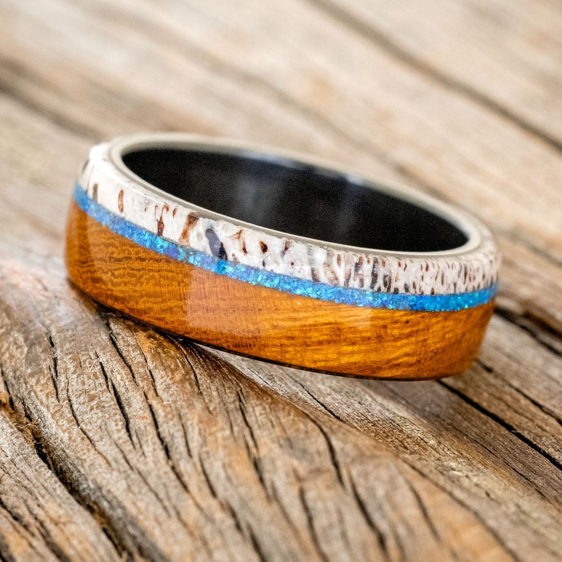 "ARGOS" - BLUE OPAL, IRONWOOD & ANTLER WEDDING BAND-8