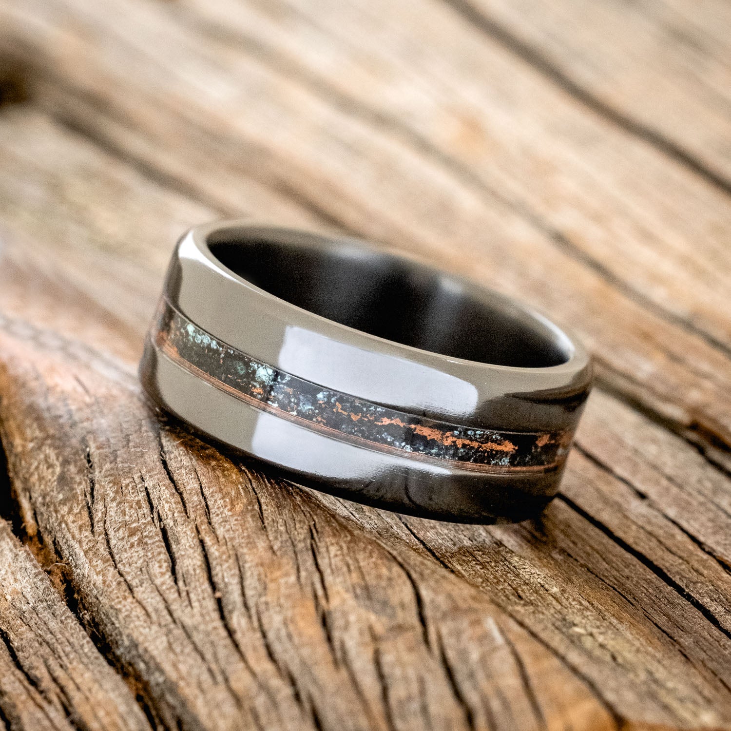 "NIRVANA" - CENTERED PATINA COPPER INLAY WEDDING BAND - READY TO SHIP-5